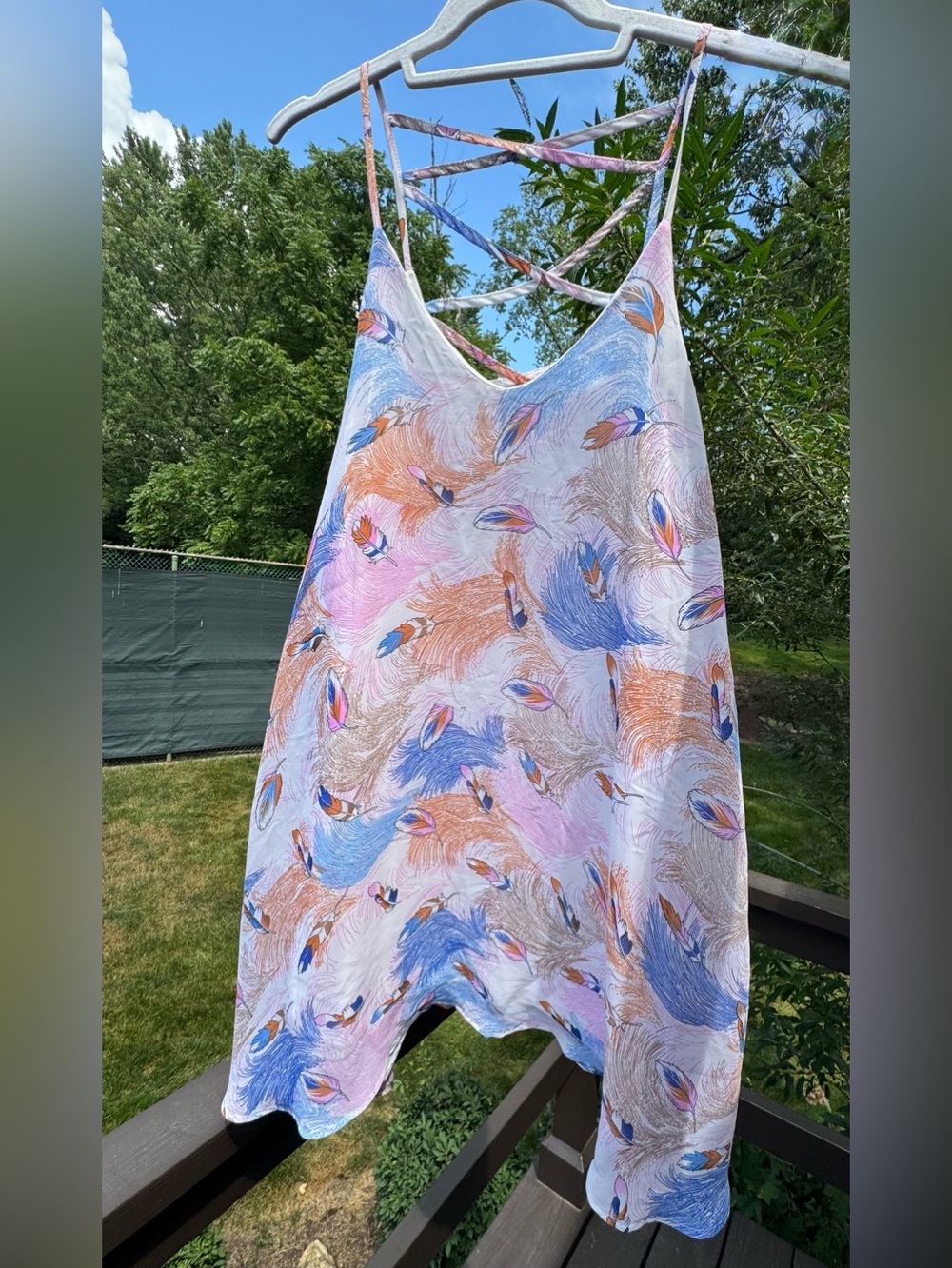 Cals Chiffon Spaghetti Strap Feather Print A-Line Asymmetric Hem Dress Size Med.